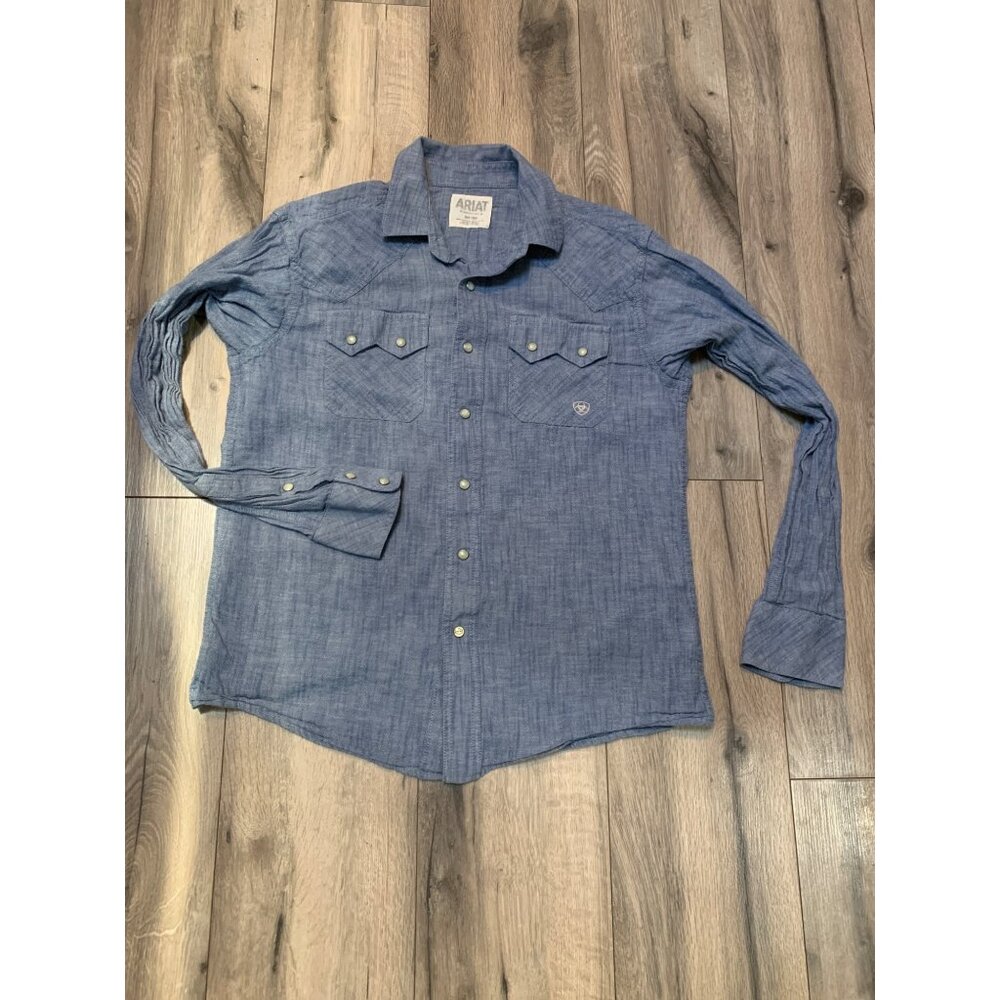 Ariat Mens M Retro Fit Blue Denim Pearl Snap Long Sleeve Shirt Pockets
